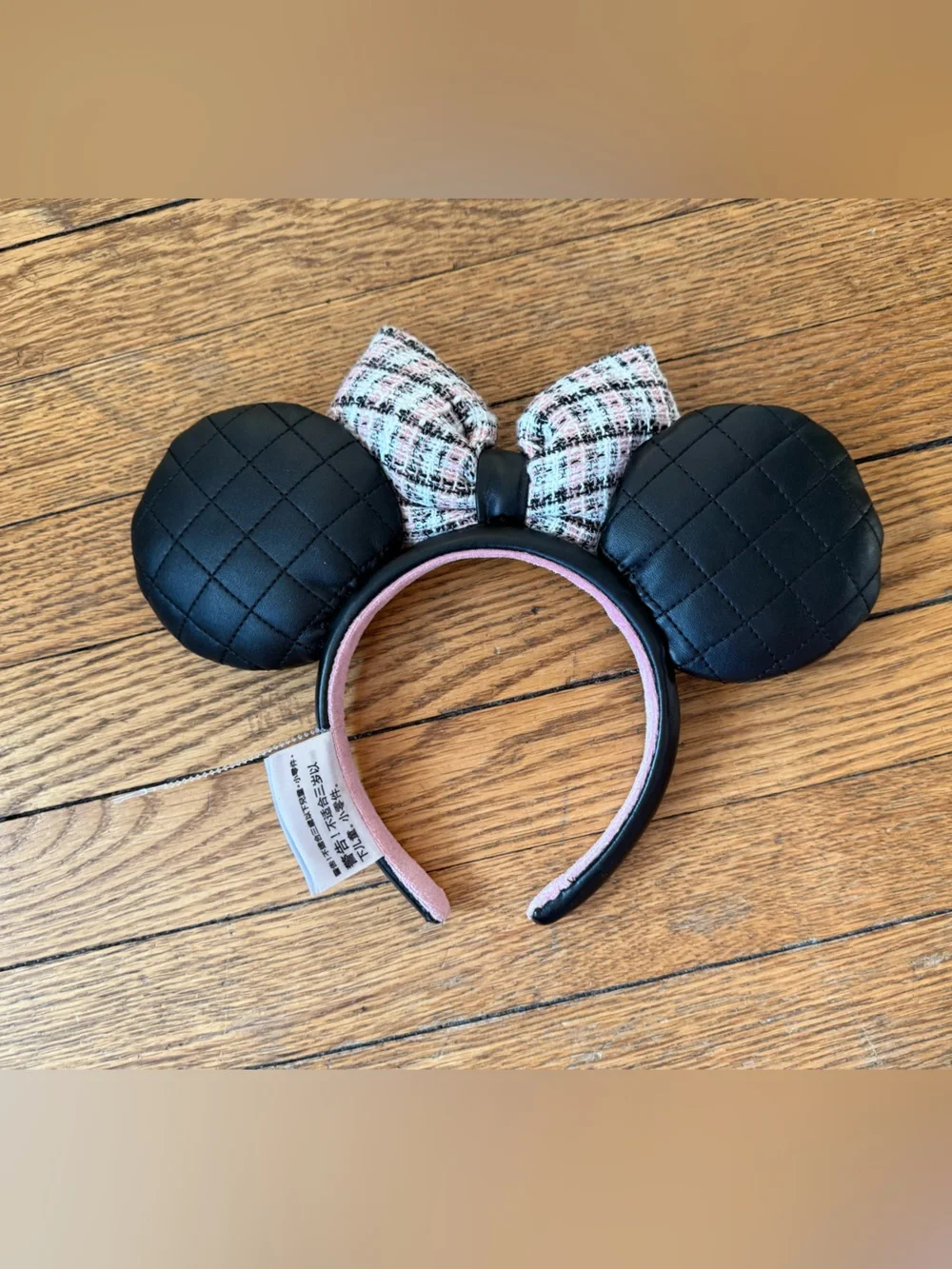 Disney Black Quilted Minnie Ears Headband with Pink Tweed Bow